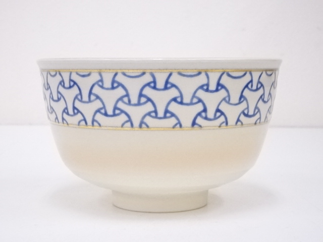 Ｎ６３１　茶碗　九客　『京焼』『手塚桐鳳造』『仁清写七宝文』『数茶碗』　共箱 道具 ] - 道具 京焼 手塚桐鳳造 仁清写独楽繋文茶碗 | ネットショップ